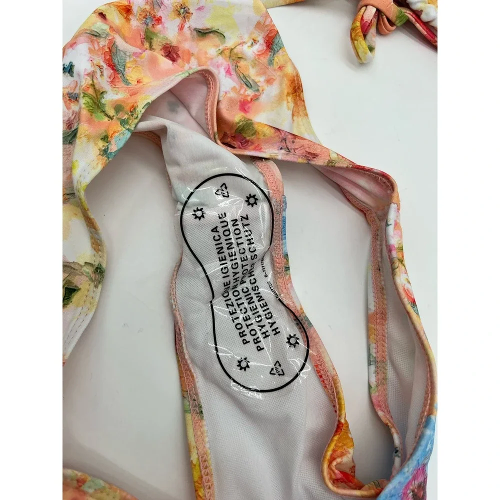 New 4 Piece Bikini Top Skirt Cover Up Tropical Pink Orange Yellow Cruise‎ Sz S